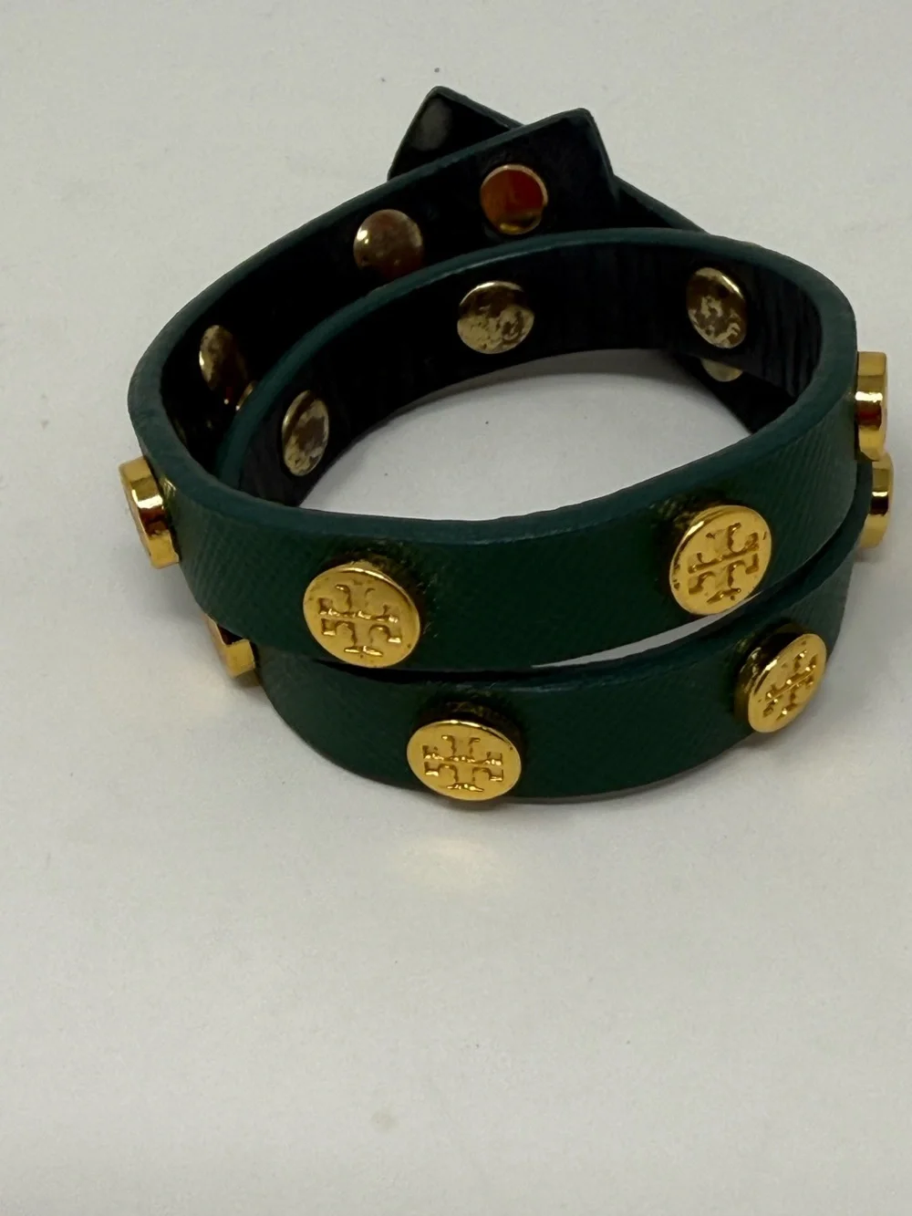 Tory Burch Forest Green Double Wrap Logo Stud Bracelet with Gold Accents